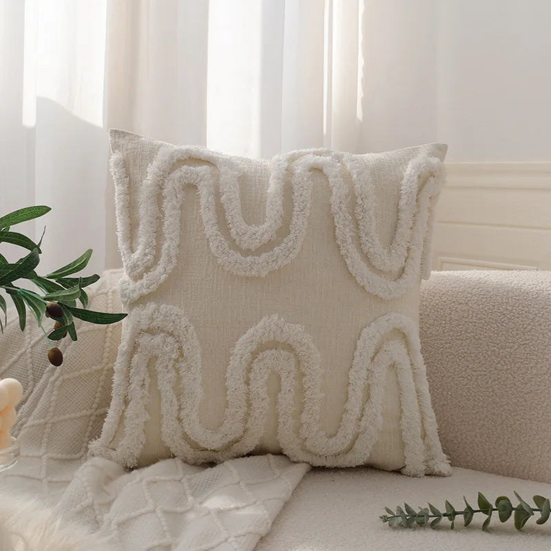 Afralia™ Geometric Waves Tufted Pillow Covers with Embroidered Tassels