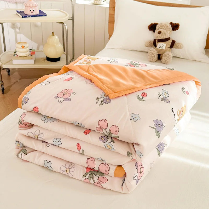 Afralia™ Cartoon Bear Printed Summer Quilt Lightweight Soft Cooling Blanket