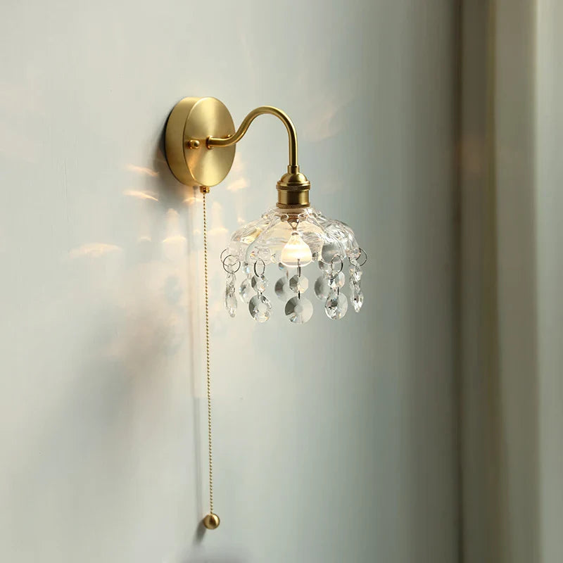 Afralia™ Nordic LED Wall Light with Pull Chain Switch, Crystal Glass Bedside Lamp