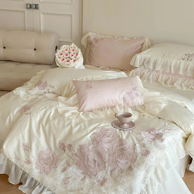 Afralia™ Luxury Princess Wedding Bedding Set with Flowers Embroidery & Lace Ruffles
