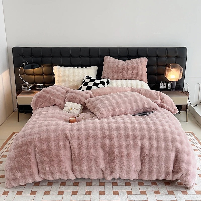 Afralia™ Plush Shaggy Faux Rabbit Fur Bedding Set: Duvet Cover, Bed Sheet, Pillowcases