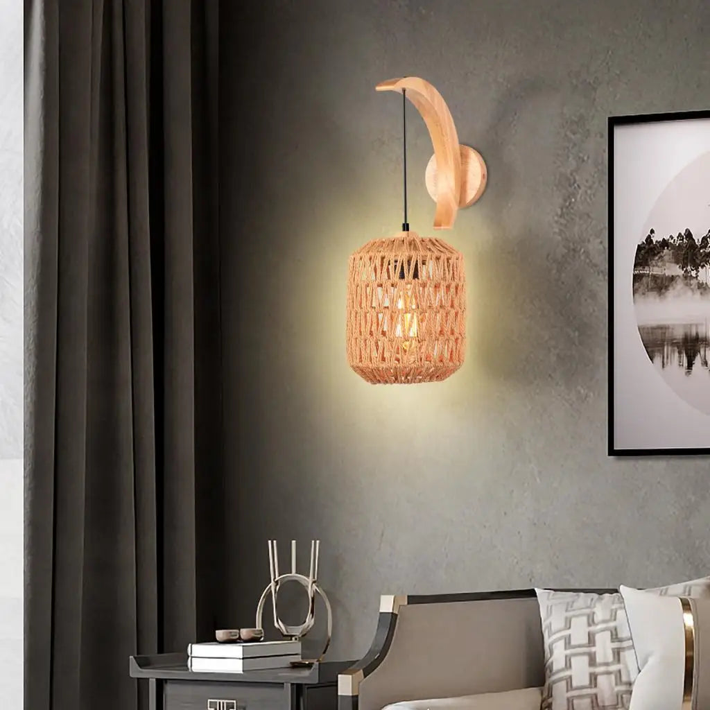 Afralia™ Modern Wood Hemp Rope Wall Sconce for Indoor Home Decor Lighting