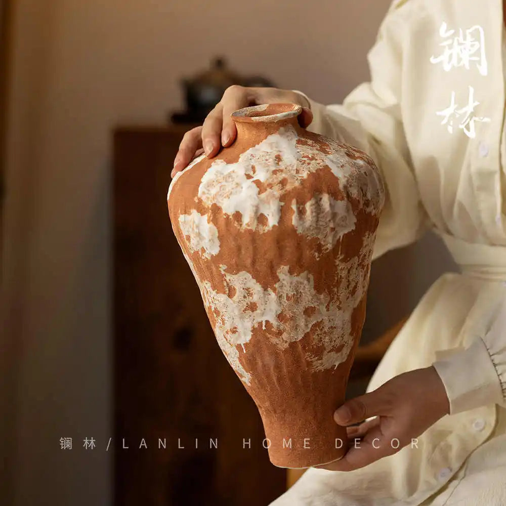 Afralia™ Wabi-Sabi Pottery Vase, Stylish TV Cabinet Decor, Artistic Flower Pot