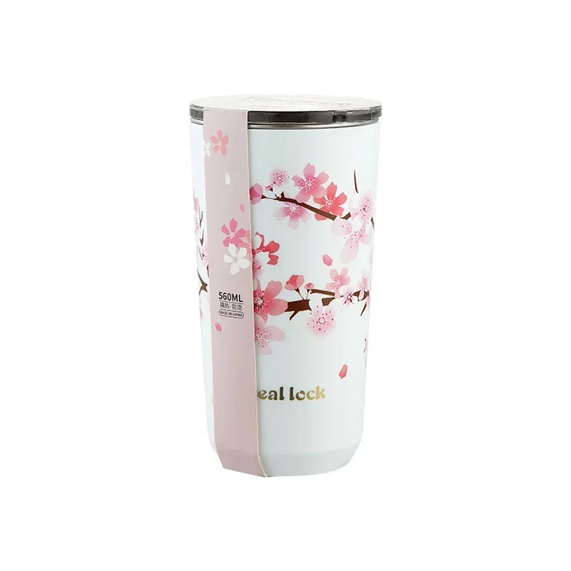Afralia™ Cherry Blossom Stainless Steel Thermal Travel Mug with Leak-Proof Lid & Straw