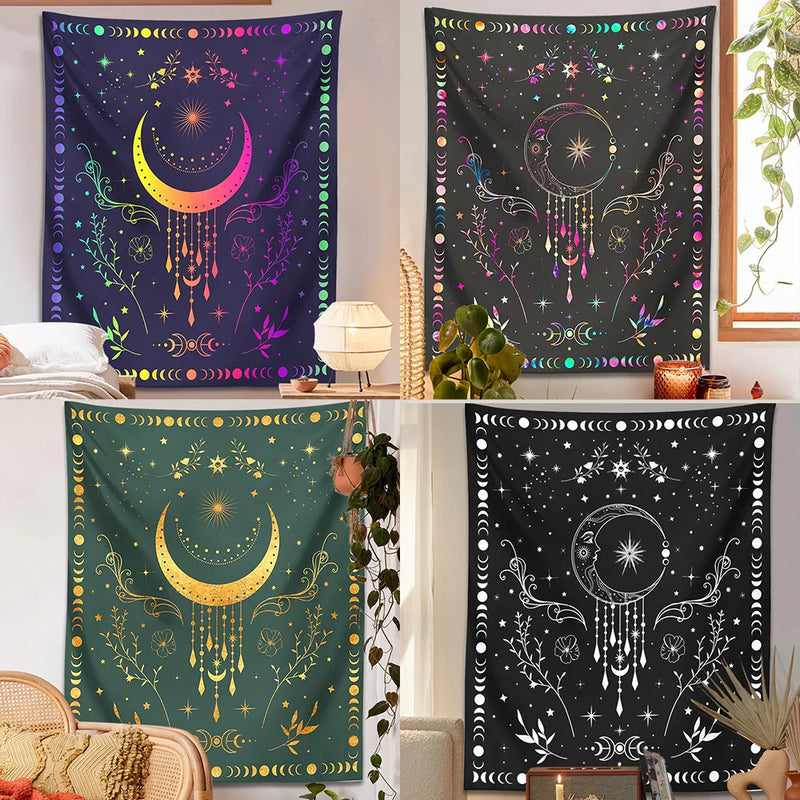 Afralia™ Celestial Moon Phase Tapestry with Floral Accents