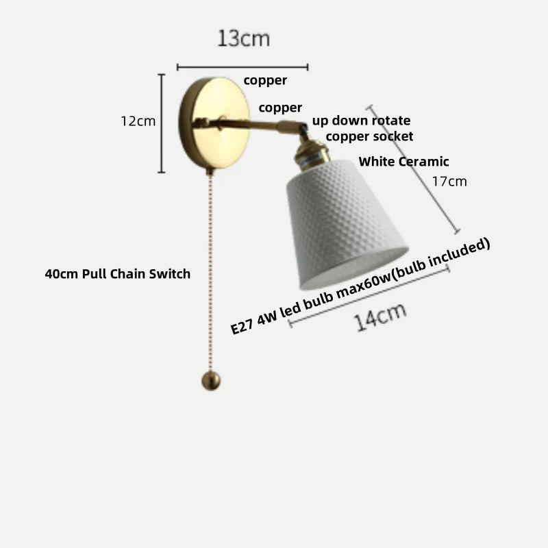 Afralia™ White Ceramic LED Wall Sconce with Pull Chain Switch, Rotating Design