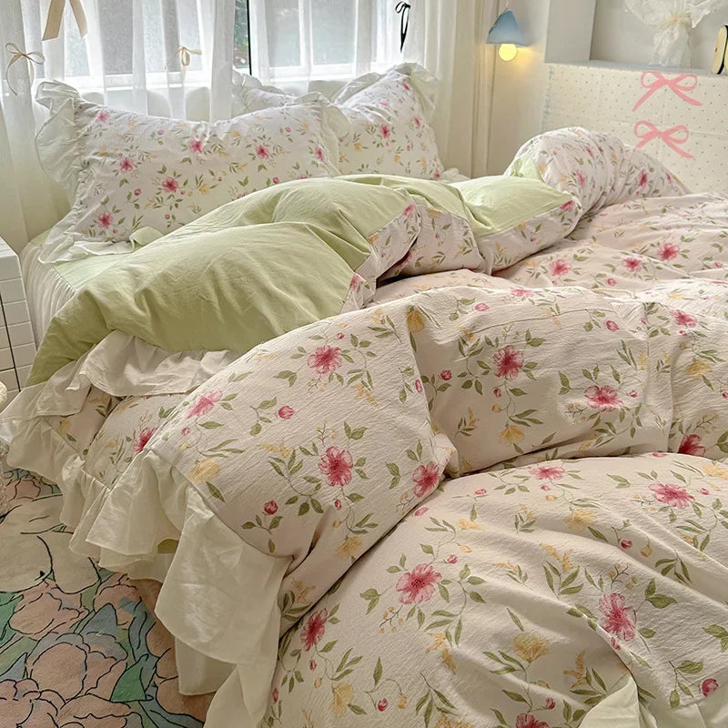 Afralia™ French Washed Cotton Princess Flower Quilt Cover Set - Spring Floral Bedding