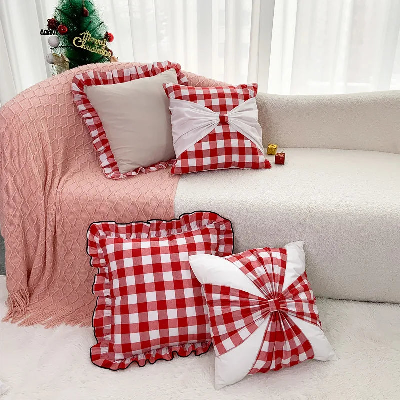 Afralia™ Festive Velvet Bow Patchwork Cushion Cover 45*45, Christmas Decor Pillowcase