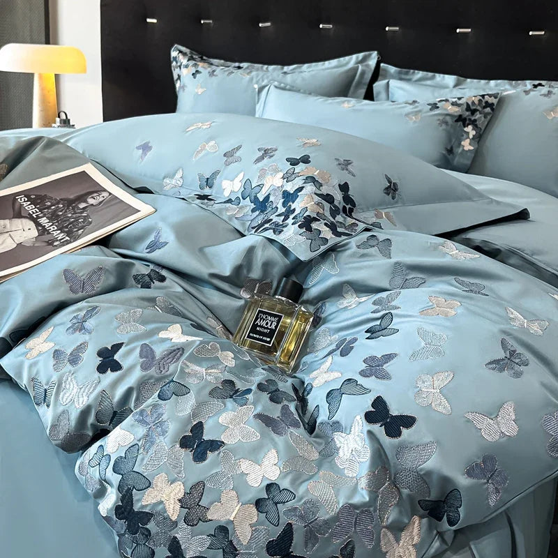 Afralia™ Butterflies Embroidery Bedding Set - King Queen Ru Size Bed Linens Sheet Pillowcase Comforter Cover Set