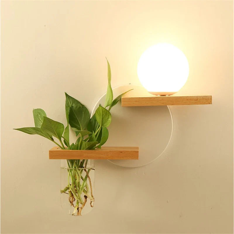 Afralia™ Wooden Plant Pot Wall Lamp with LED Light for Home Decor