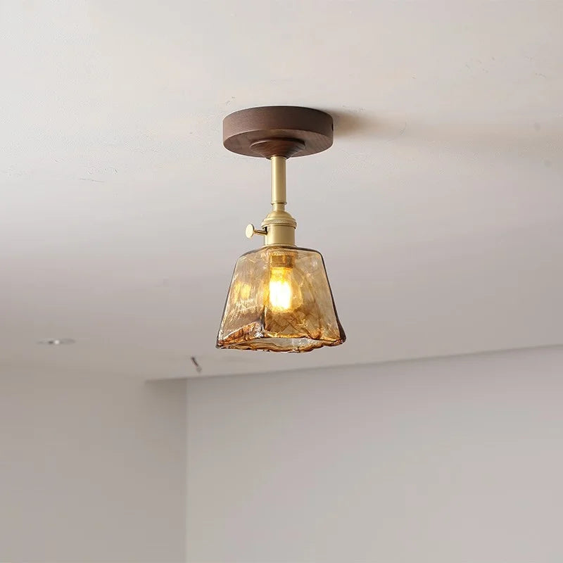 Afralia™ Amber Glass Copper LED Ceiling Light Fixture for Modern Home Decor