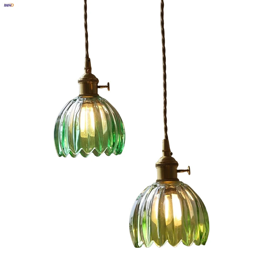 Afralia™ Green LED Pendant Light Fixture Glass Japan Style Hang Lamp