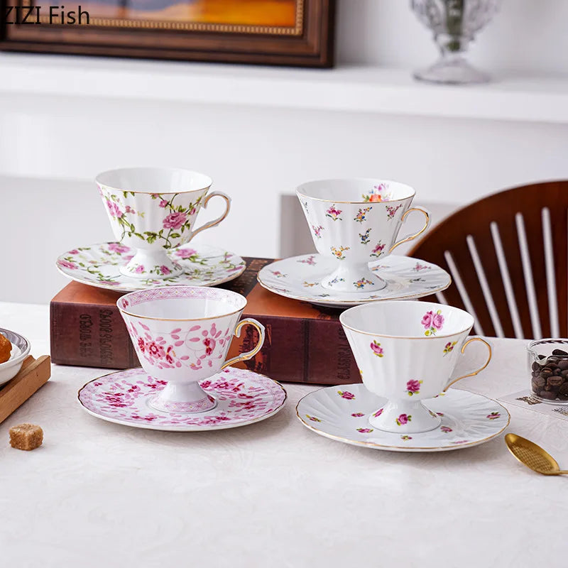 Afralia™ Floral Ceramic Cup & Saucer Set, Elegant Tea & Coffee Mug