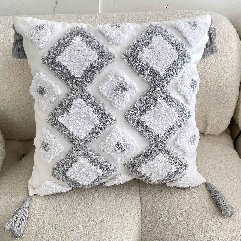 Geometric Tufted Cotton Canvas Pillowcase with Tassels by Afralia™