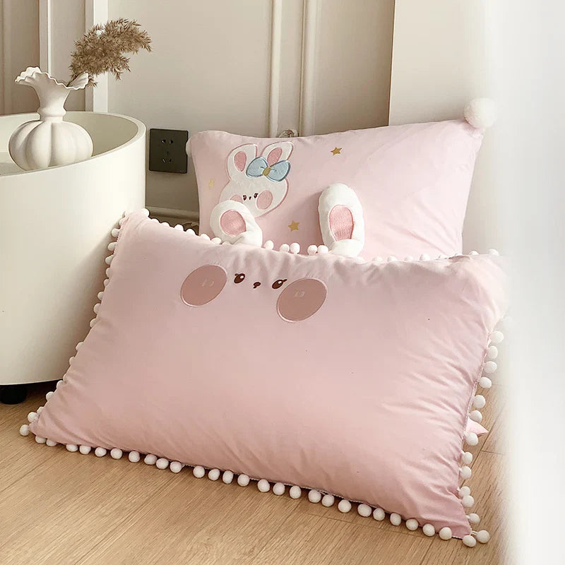 Afralia™ Cartoon Rabbit Moon Embroidery 100% Cotton Girls Bedding Set with Ball Edge