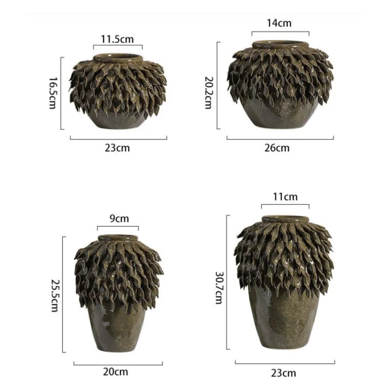 Afralia™ Leaf Relief Ceramic Vase: Hand-made 3D Floral Arrangement Pot
