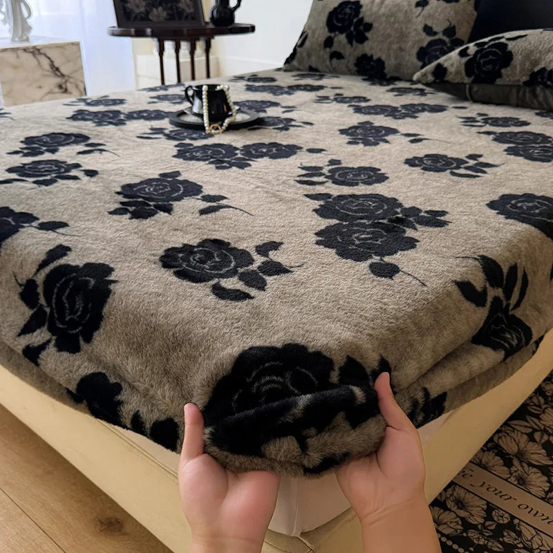 Afralia™ Winter Faux Rabbit Fur Fitted Sheet - Warm & Non-Slip Mattress Cover - Dark Pattern Printed