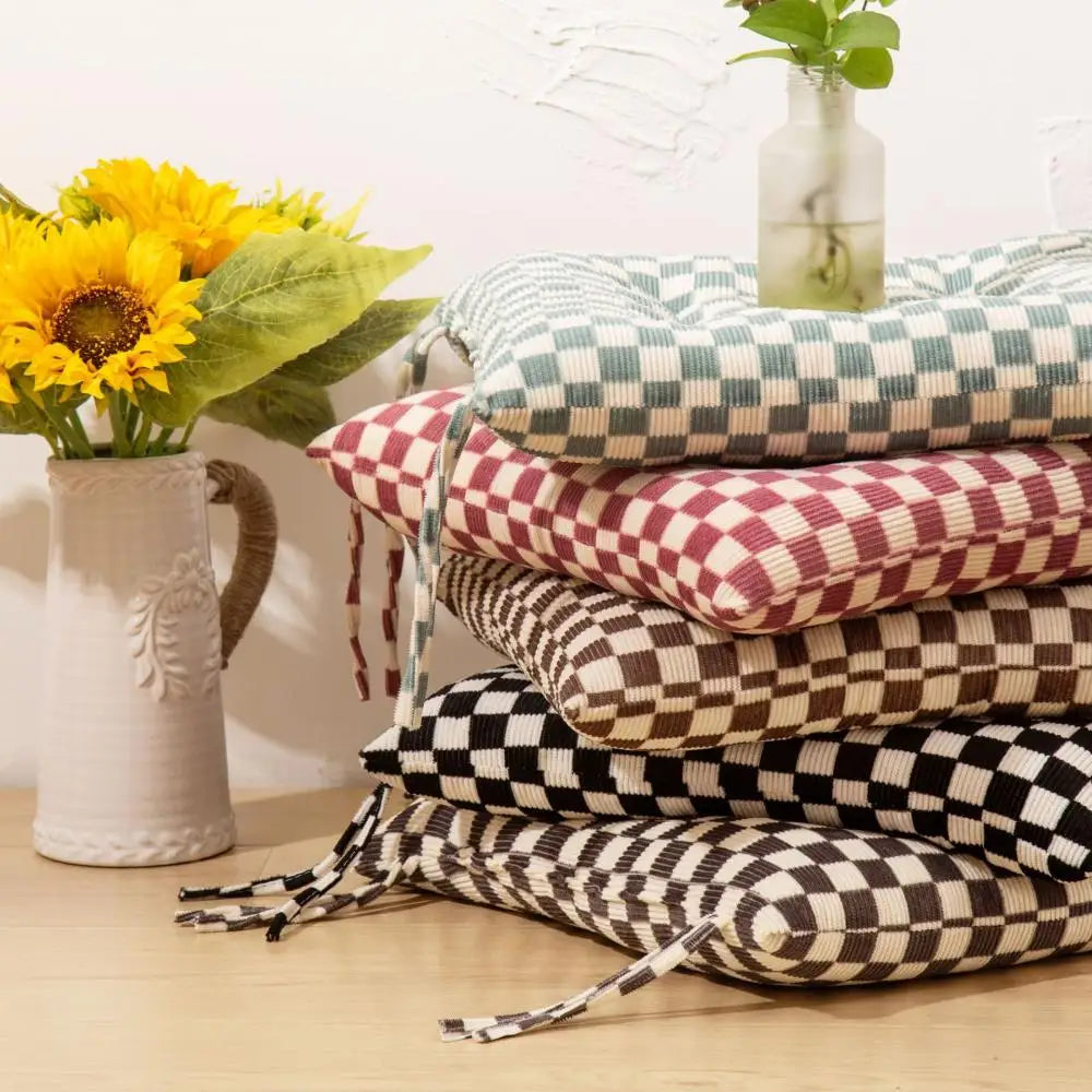 Afralia™ Checkered Corduroy Seat Cushion, Winter Thick Dining Chair with Strap