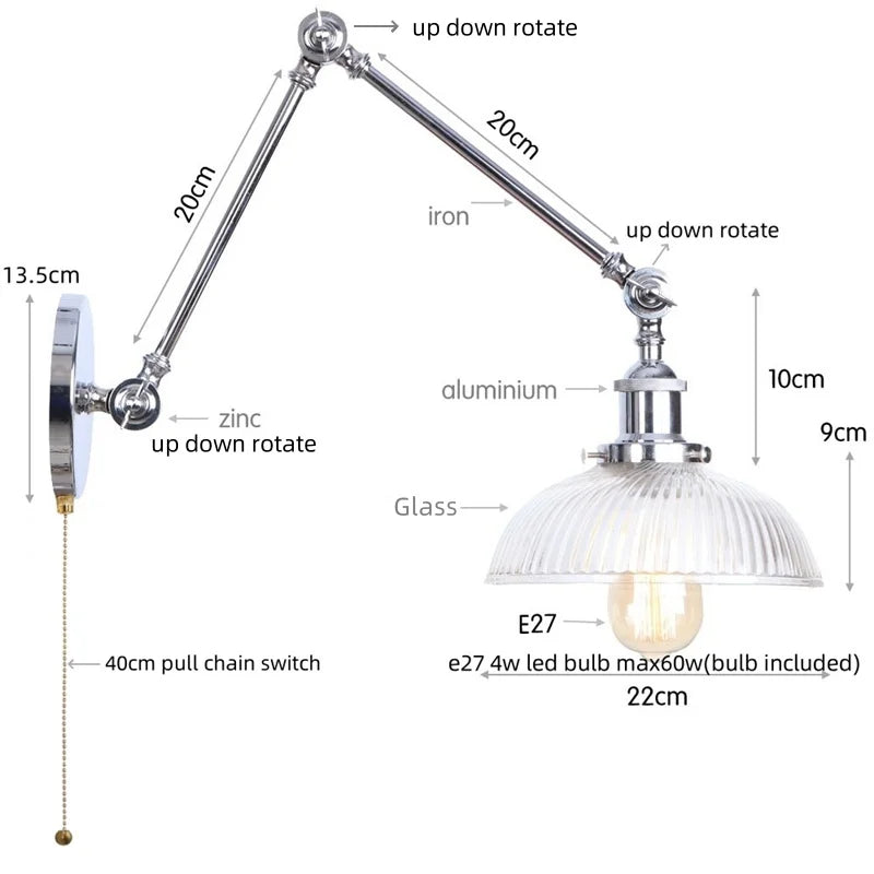 Afralia™ Vintage Loft LED Wall Lights Pull Chain Switch Glass Chrome Wall Lamp