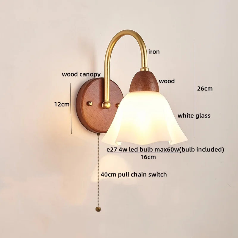 Afralia™ Wood Glass LED Wall Light Modern Bedside Lamp for Living Room & Bedroom