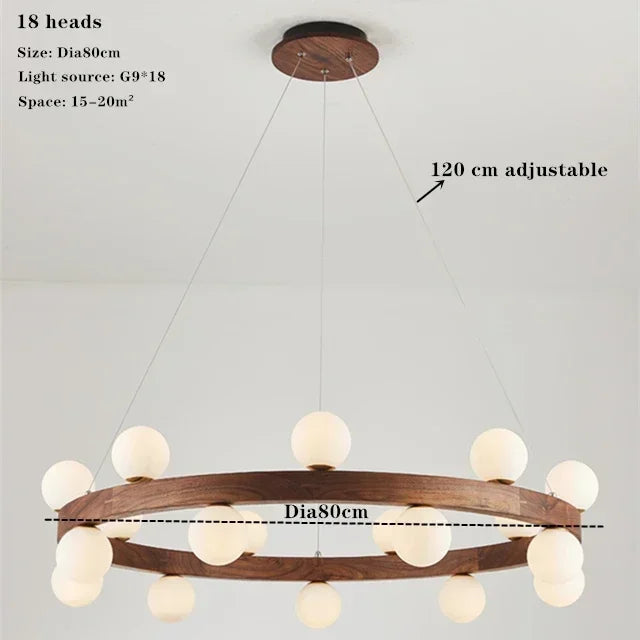 Afralia™ Round Glass Walnut Chandelier Solid Wood Pendant Light for Living Dining Bedroom