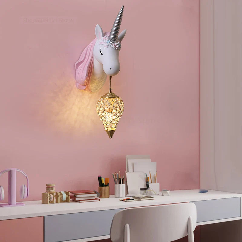 Afralia™ Nordic Unicorn Wall Lamp for Kids Room, Modern Cartoon Sconce Light