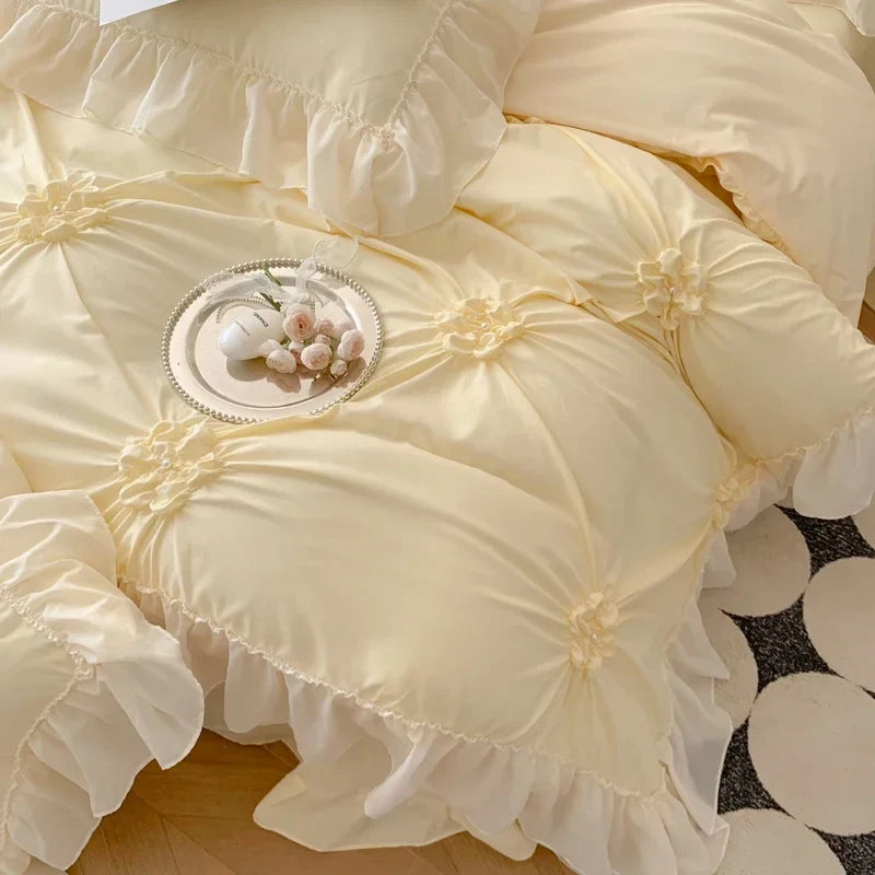 Afralia™ Lace Princess Bedding Set: Romantic Ruffles & Bow Duvet Cover, Sheet, Pillowcases