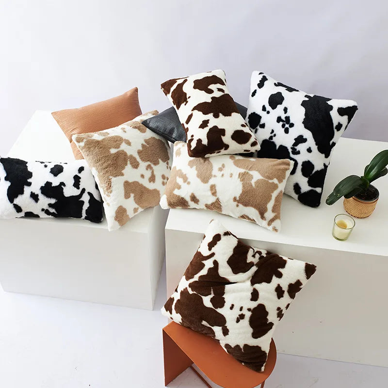 Afralia™ Soft Cow Flower Childlike Pattern Cushion Cover 30X50/45/50CM Plush Throw Pillow Case