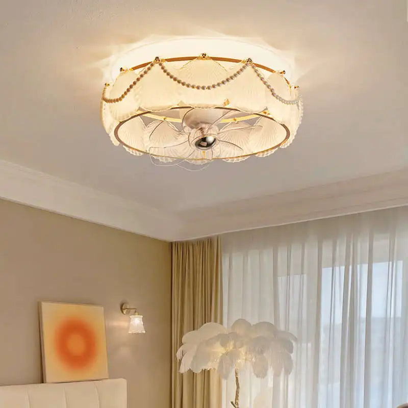 Afralia™ French Cream Feather Shell Ceiling Fan Light - Smart Home Style