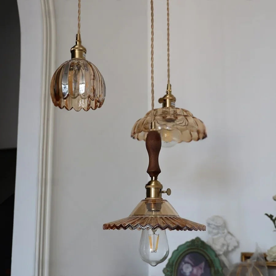 Afralia™ Amber Flower Glass LED Pendant Light - Modern Nordic Copper Switch Hang Lamp