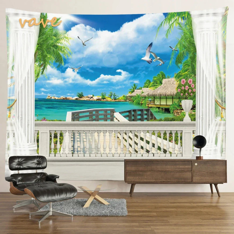 Scenic Sunset Palm Tree Tapestry by Afralia™ - Boho Beach Landscape Bedroom Decor