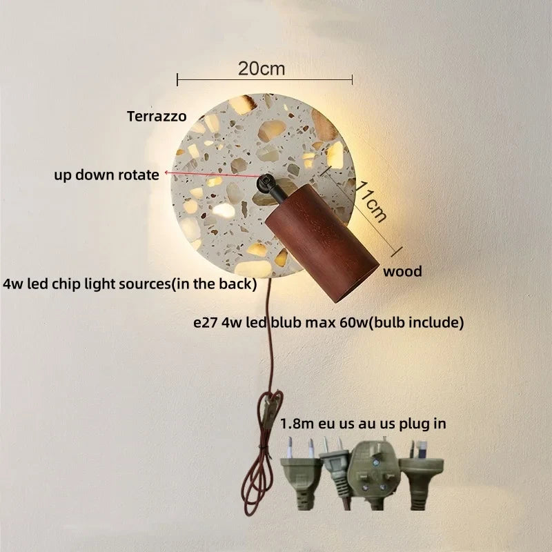 Afralia™ Terrazzo LED Wall Lights Iron Rotate Pull Chain Switch Wood Bedside Lamp