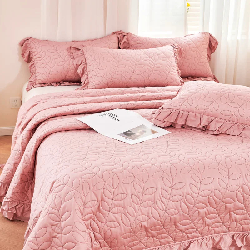 Afralia™ Leaf Embroidery Double Layer Lace Ruffles Quilt Set with Bedspread & Pillowcases