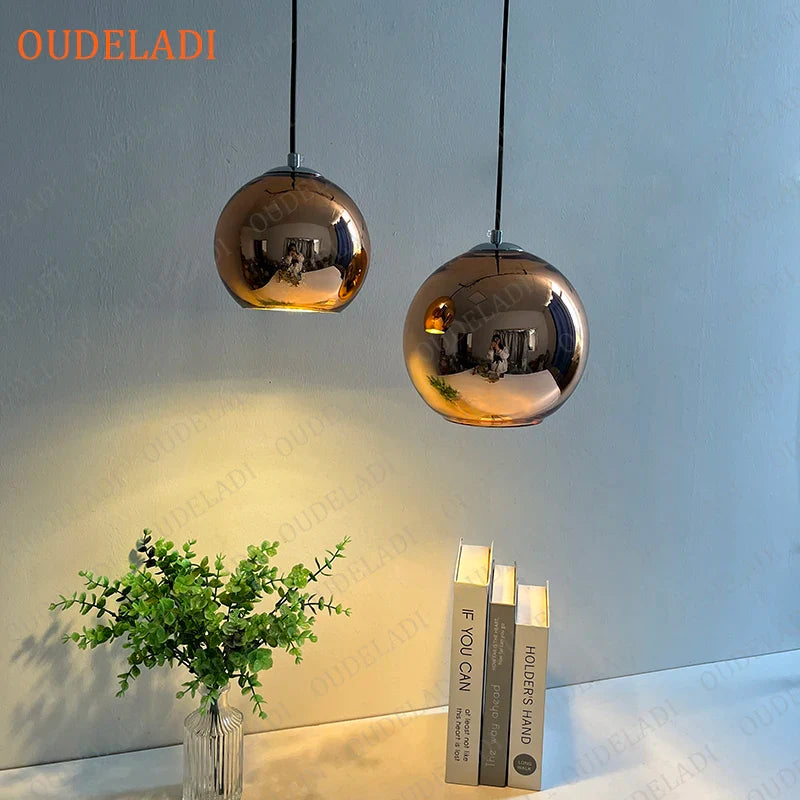 Afralia™ Plated Copper Glass Ball Pendant Lights for Home Decor