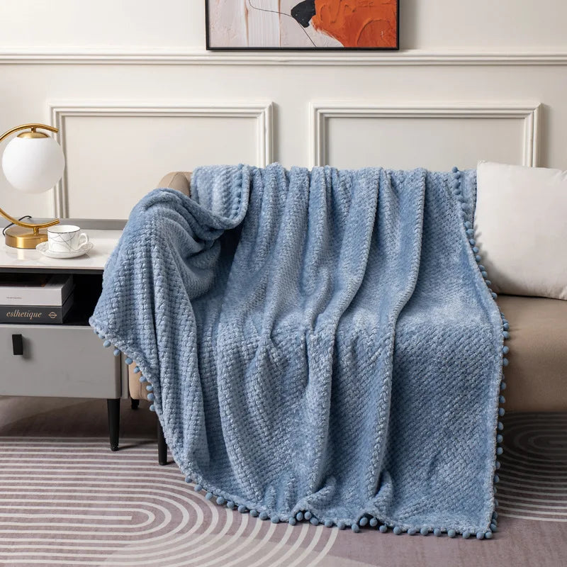 Afralia™ Plaid Tassel Ball Fleece Blanket - Queen Double Bedspread, Four Season Sofa Cover