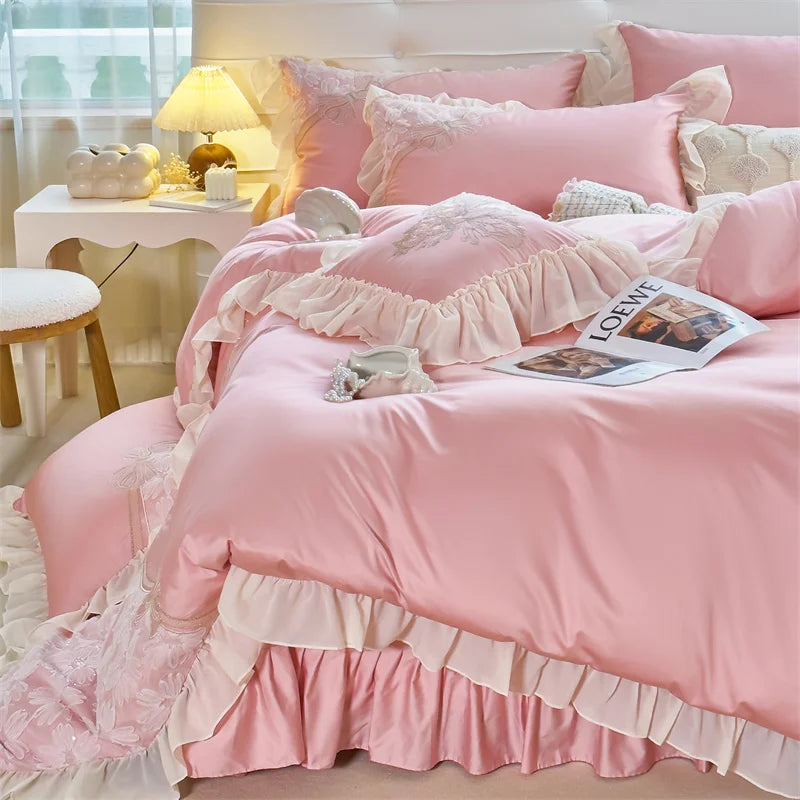 Afralia™ Pink Butterfly Embroidery Lace Princess Wedding Bedding Set