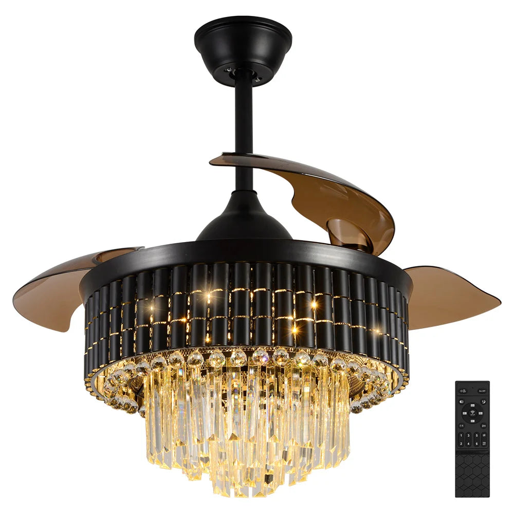 Afralia™ Crystal Fandelier Ceiling Fan with Retractable Chandelier & Invisible Blades