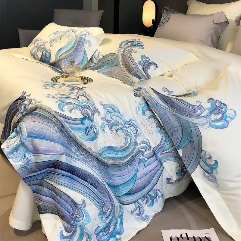 Afralia™ Blue Tides Waves Embroidery 1200TC Luxury Bedding Set with Duvet Cover, Sheet, Pillowcases