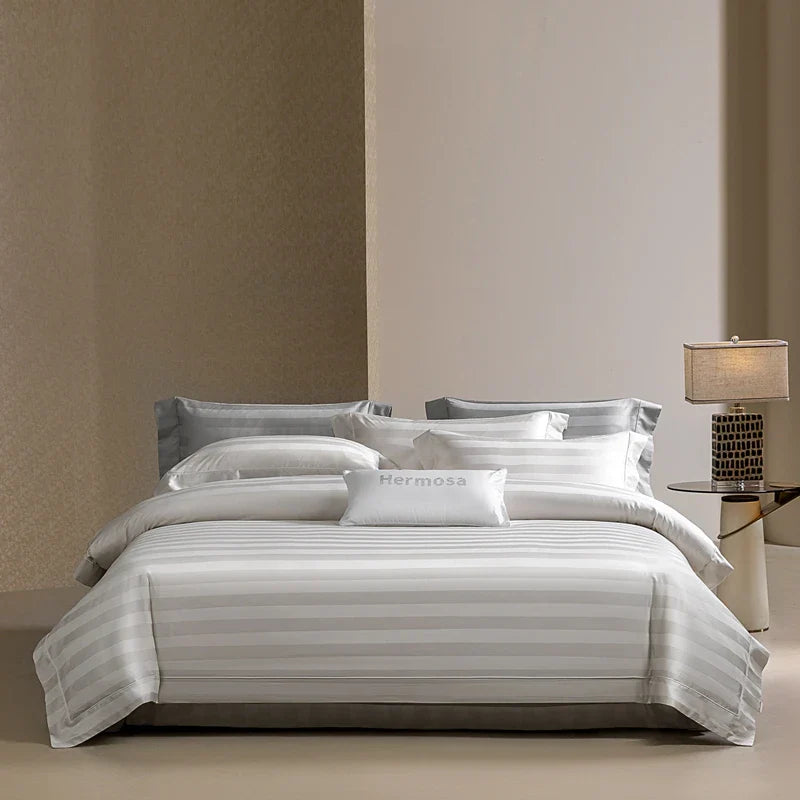 Afralia™ Silky Satin Jacquard Egyptian Cotton Bedding Set incl. Duvet, Sheet, Fitted Sheet & Pillowcases