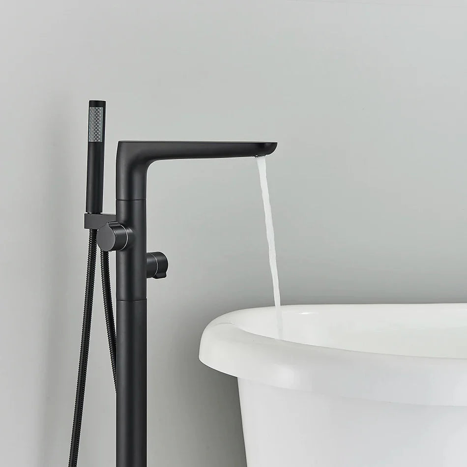 Afralia™ Dual Handle Black Waterfall Bathtub Faucet Floor Standing Set for Bathroom