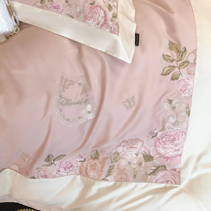 Afralia™ Rose Flowers Embroidery Bedding Set, Pink Egyptian Cotton, Luxury 4Pcs