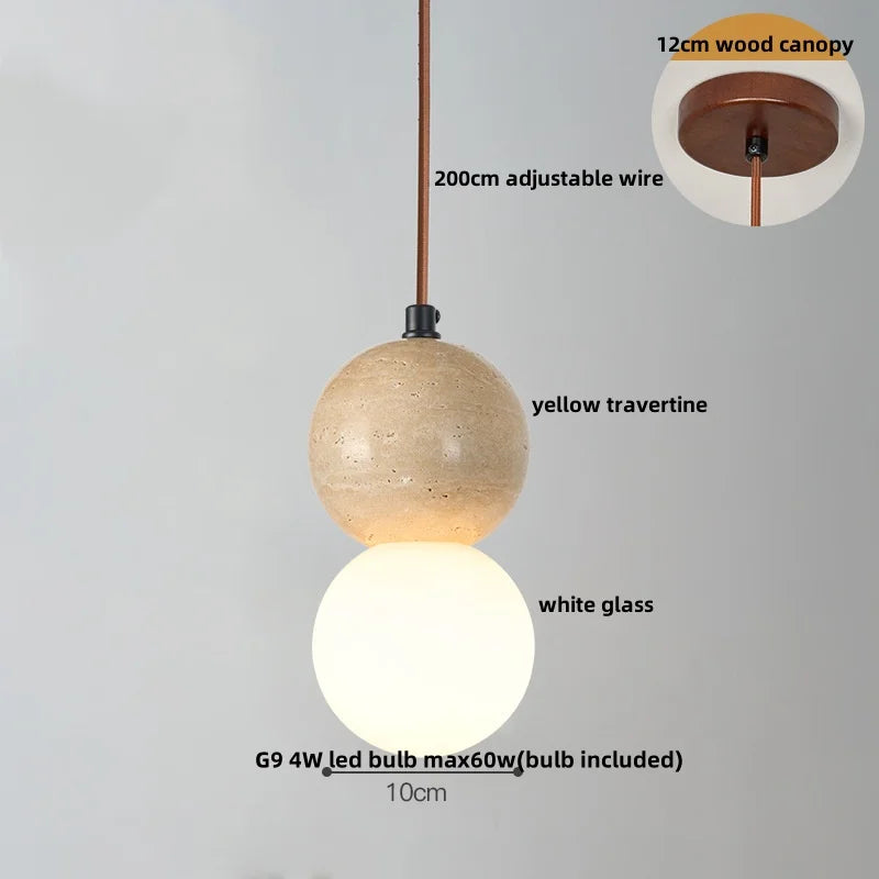 Afralia™ White Glass Ball Pendant Lights Yellow Travertine Wood Hang Lamp