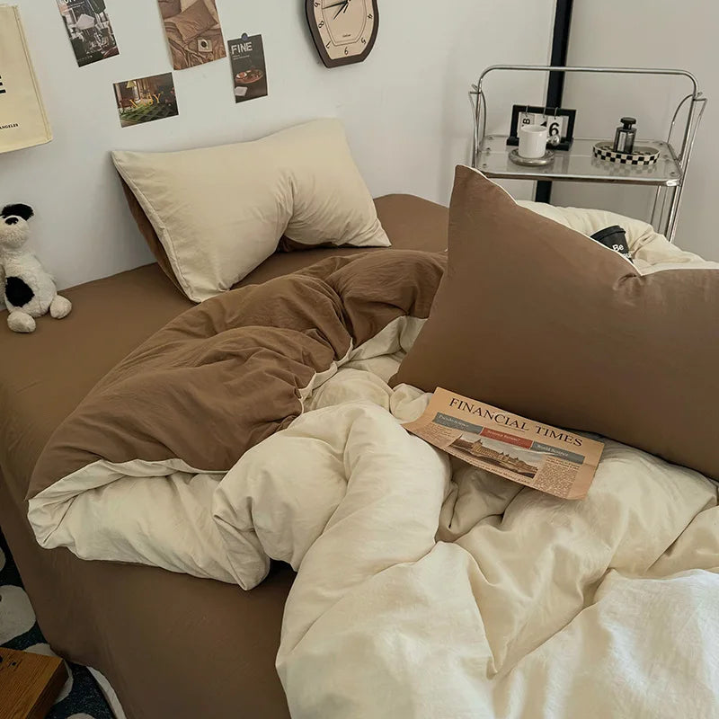 Afralia™ Two-Tone Washed Cotton Bedding Set Soft Duvet Cover for Student Dorm Home