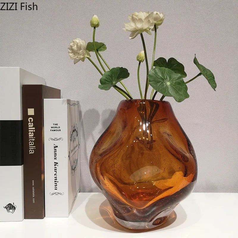 Afralia™ Amber Glass Vase & Artificial Flower Desk Decoration for Room Aesthetic