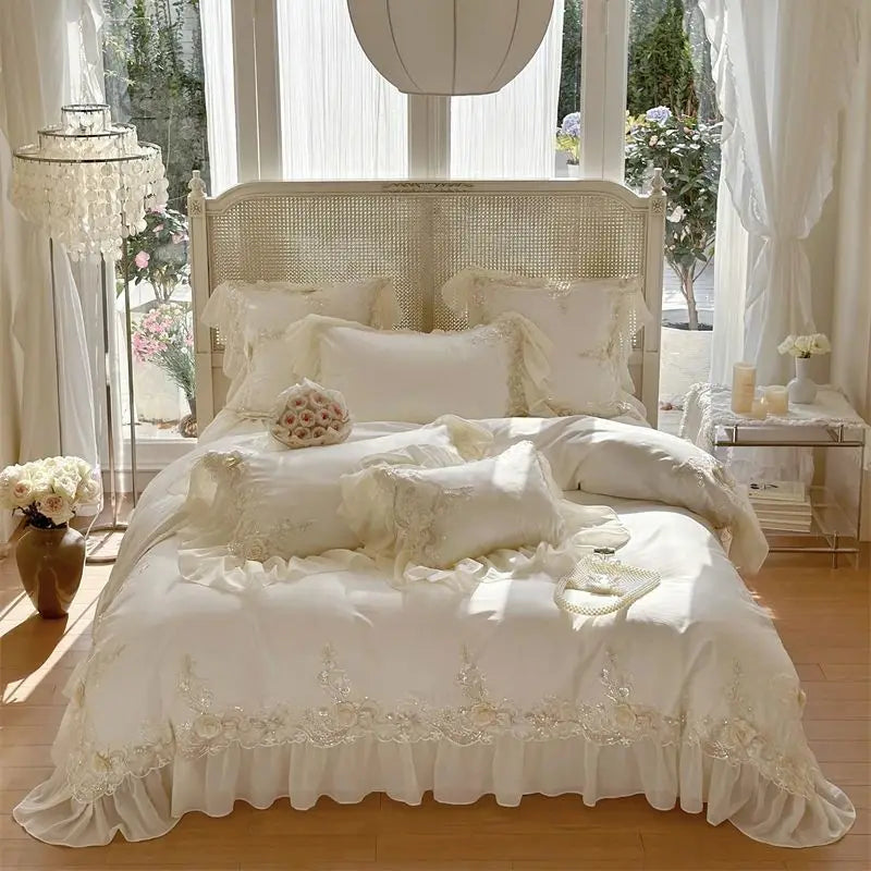 Luxury Lace Ruffle Wedding Bedding Set by Afralia™