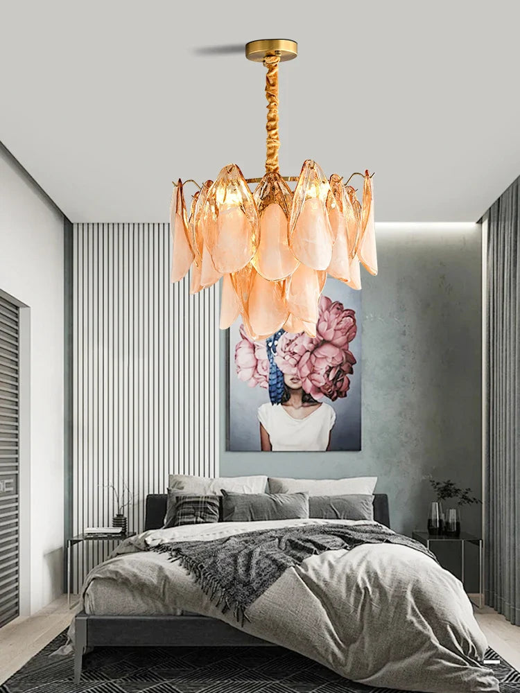 Afralia™ Gold Chrome Amber Glass Petal Chandelier Leaf Luxury Hanging Lamp