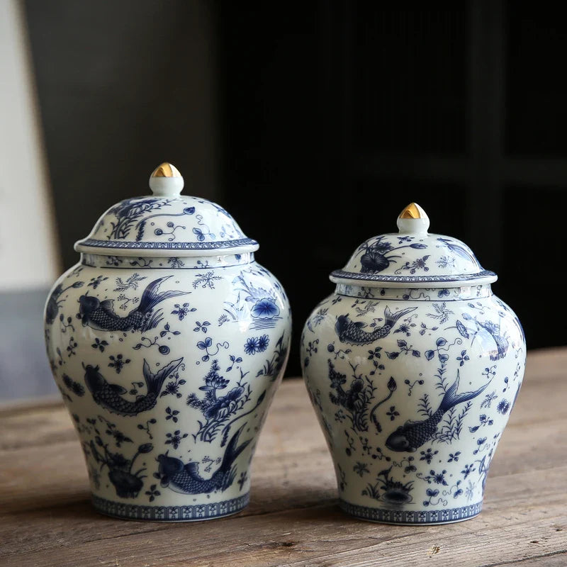 Afralia™ Blue & White Porcelain General Jar: Vintage Ceramic Storage Tank for Home Decor