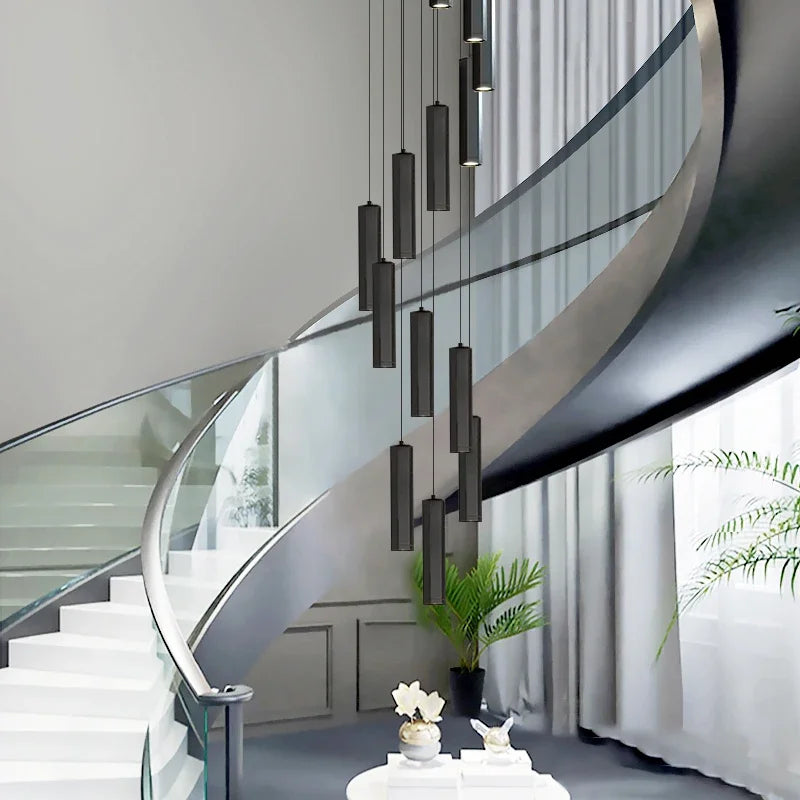 Afralia™ Black LED Staircase Chandelier | Modern High Ceiling Pendant Light