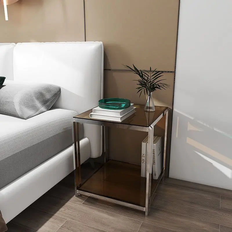 Afralia™ Stainless Steel Glass Coffee Table Sofa Side Light Luxury Modern Bedside Cabinet Small Coffee Table