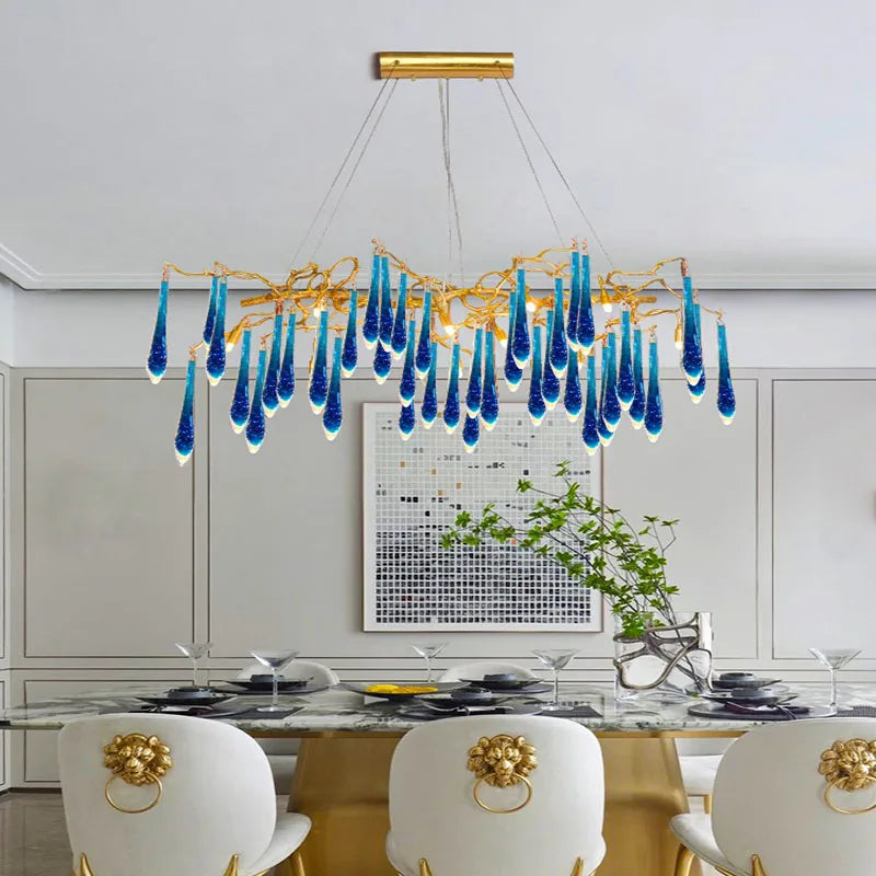 Afralia™ Classic Blue Crystal LED Hanging Chandelier for Elegant Living & Kitchen Decor